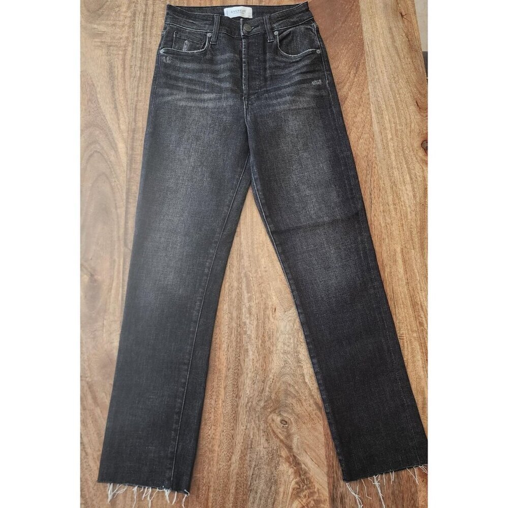 Evereve Jeans Womens 24 Black The Ever Straight High Rise Button Fly Frayed Hem